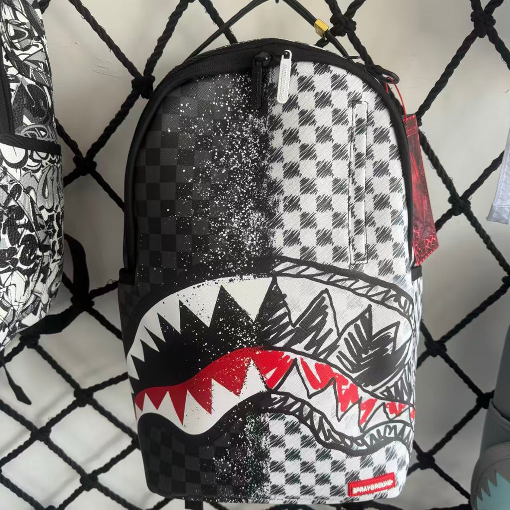 Urban Streetwear Backpack – Black & White Scribble Checkerboard with Shark Mouth and Splatter Design