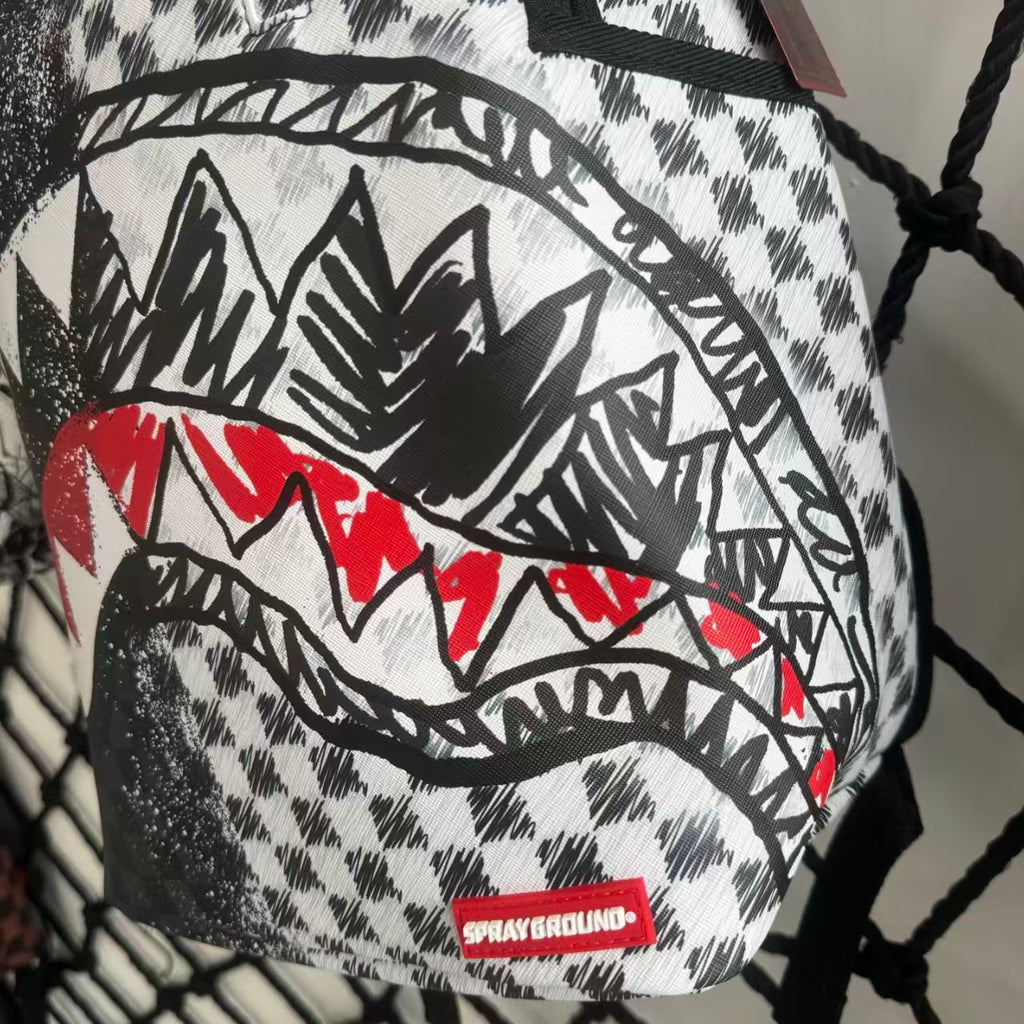 Urban Streetwear Backpack – Black & White Scribble Checkerboard with Shark Mouth and Splatter Design