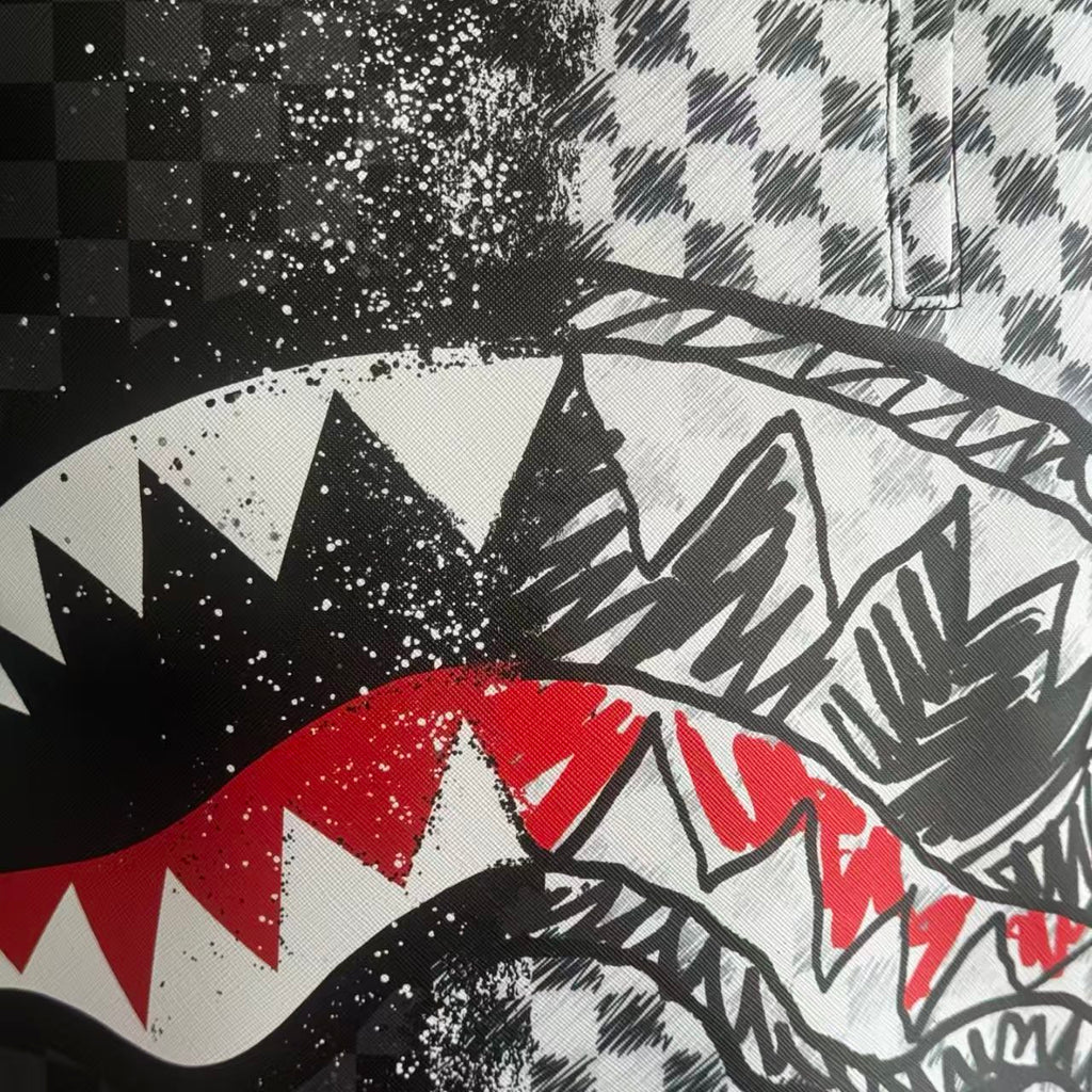 Urban Streetwear Backpack – Black & White Scribble Checkerboard with Shark Mouth and Splatter Design