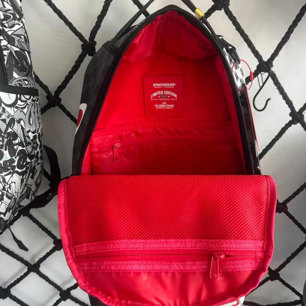 Urban Streetwear Backpack – Black & White Scribble Checkerboard with Shark Mouth and Splatter Design