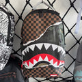 Urban Streetwear Backpack – Brown & Black Checkerboard Camo Torn-Paper Shark Mouth Design