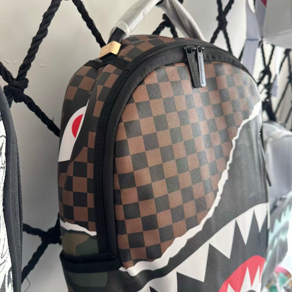 Urban Streetwear Backpack – Brown & Black Checkerboard Camo Torn-Paper Shark Mouth Design