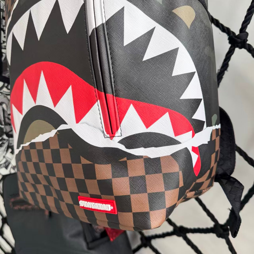 Urban Streetwear Backpack – Brown & Black Checkerboard Camo Torn-Paper Shark Mouth Design
