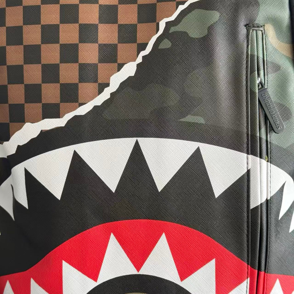 Urban Streetwear Backpack – Brown & Black Checkerboard Camo Torn-Paper Shark Mouth Design