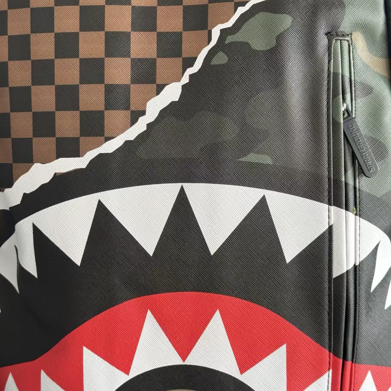 Urban Streetwear Backpack – Brown & Black Checkerboard Camo Torn-Paper Shark Mouth Design