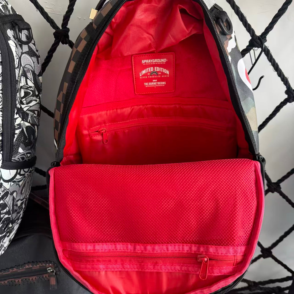 Urban Streetwear Backpack – Brown & Black Checkerboard Camo Torn-Paper Shark Mouth Design