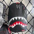 Black Textured Leather Streetwear Backpack - Classic Red & White Shark Mouth Design