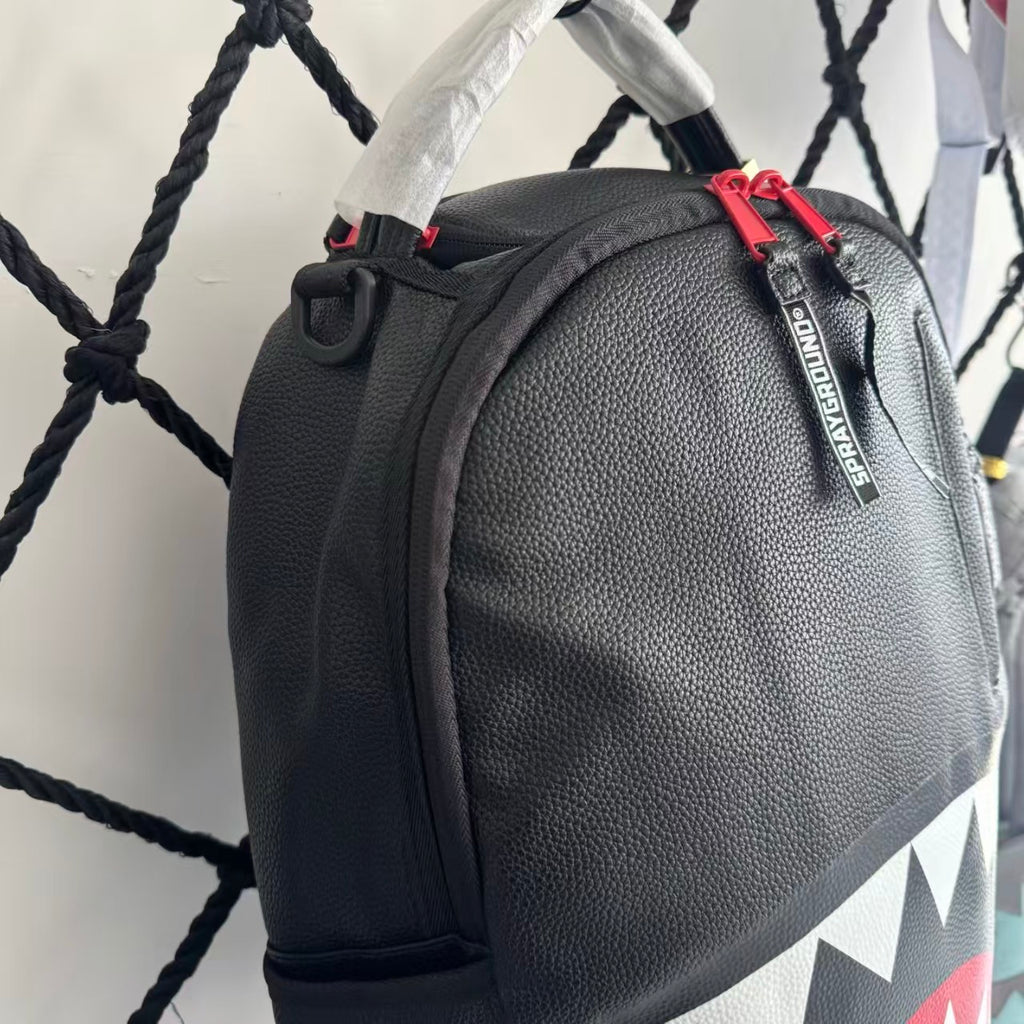 Black Textured Leather Streetwear Backpack - Classic Red & White Shark Mouth Design
