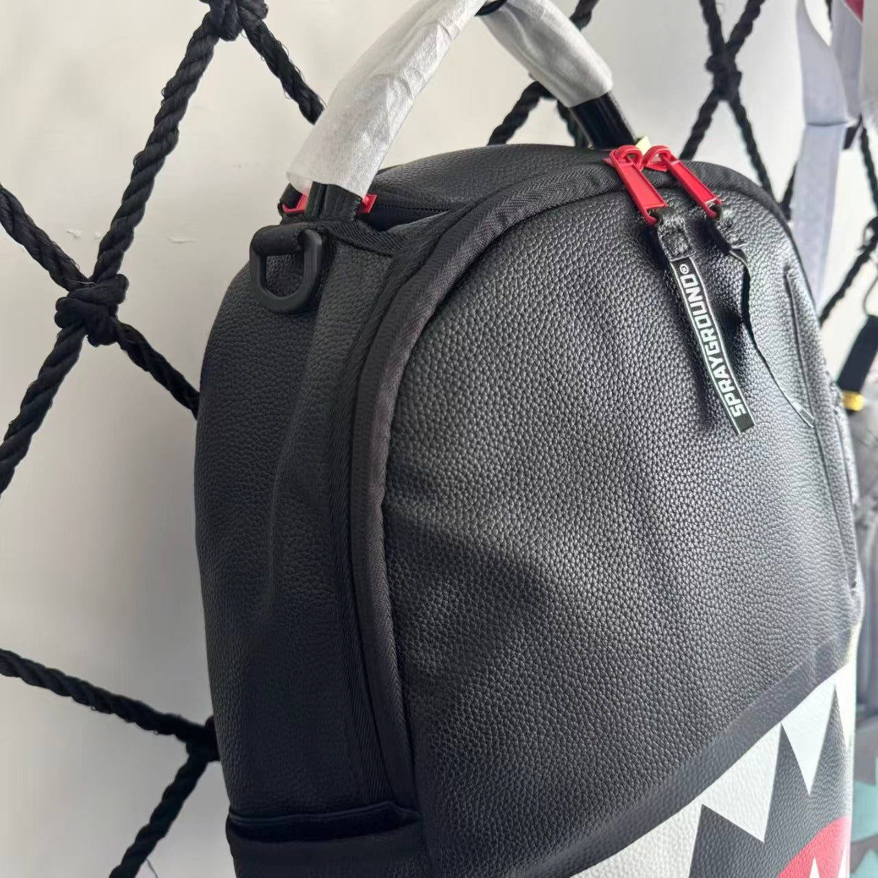 Black Textured Leather Streetwear Backpack - Classic Red & White Shark Mouth Design