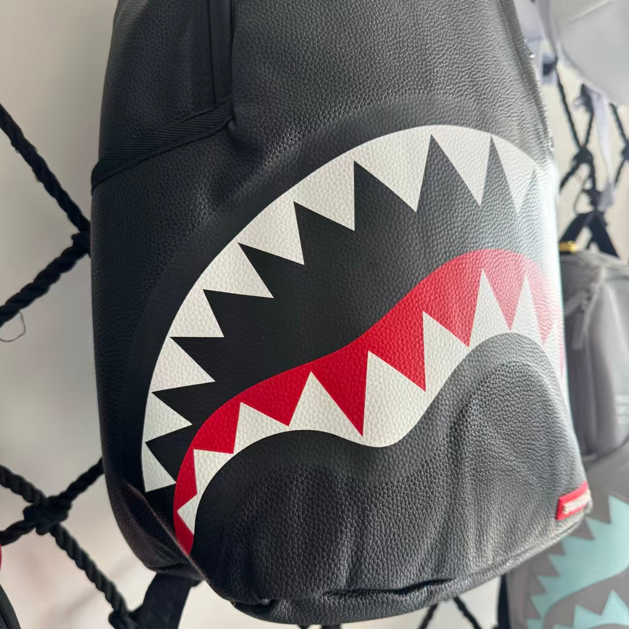 Black Textured Leather Streetwear Backpack - Classic Red & White Shark Mouth Design