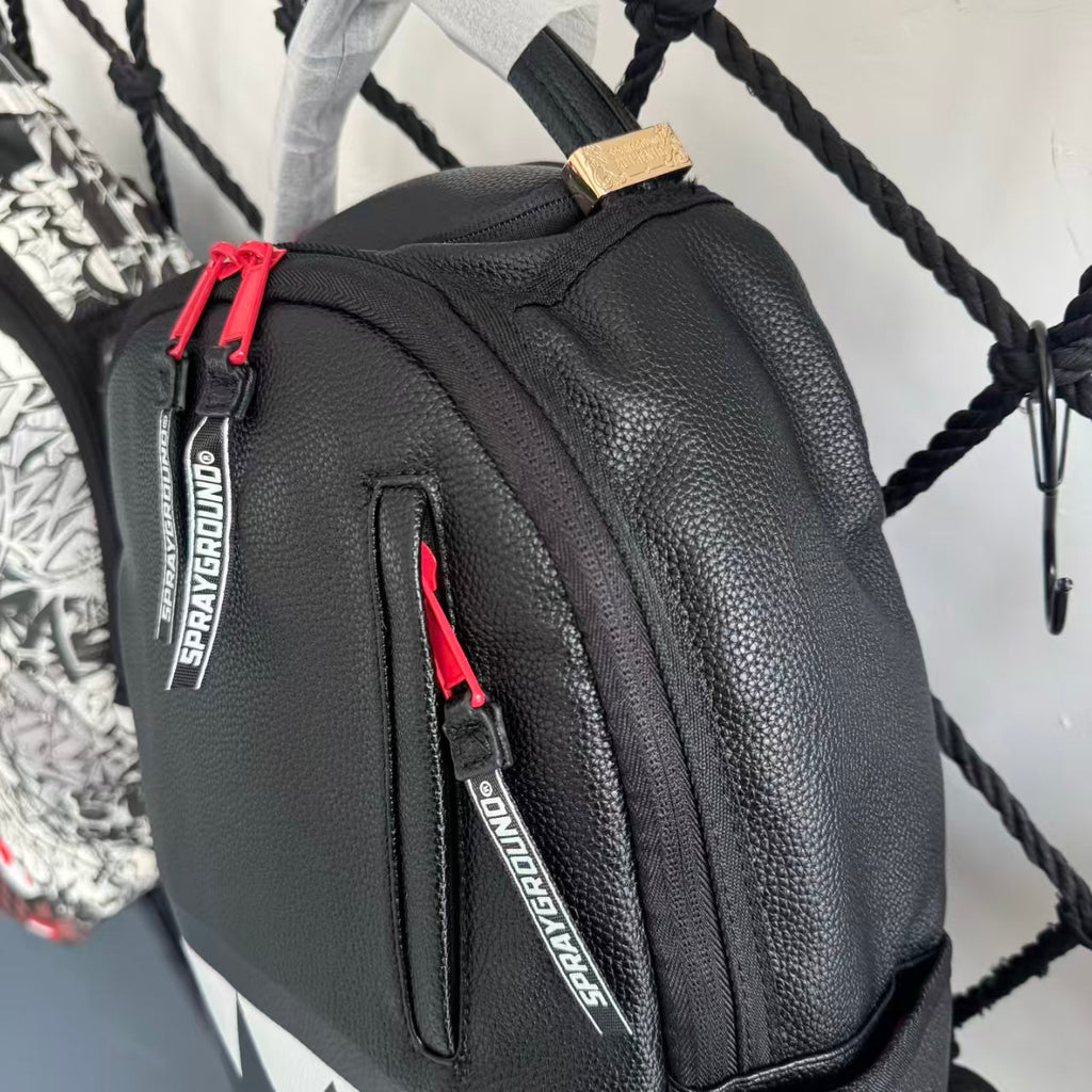Black Textured Leather Streetwear Backpack - Classic Red & White Shark Mouth Design