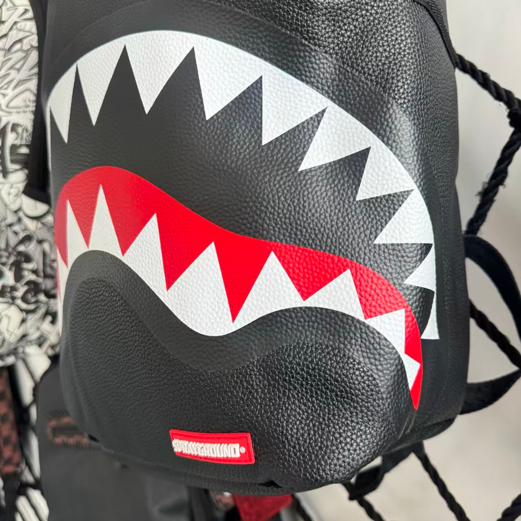 Black Textured Leather Streetwear Backpack - Classic Red & White Shark Mouth Design