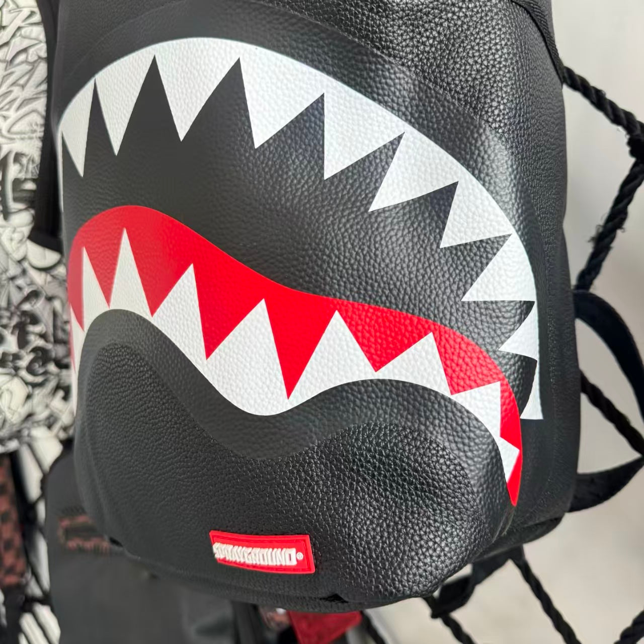 Black Textured Leather Streetwear Backpack - Classic Red & White Shark Mouth Design