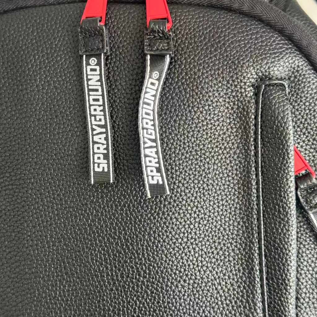 Black Textured Leather Streetwear Backpack - Classic Red & White Shark Mouth Design