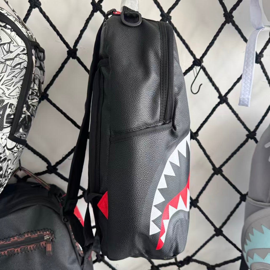 Black Textured Leather Streetwear Backpack - Classic Red & White Shark Mouth Design