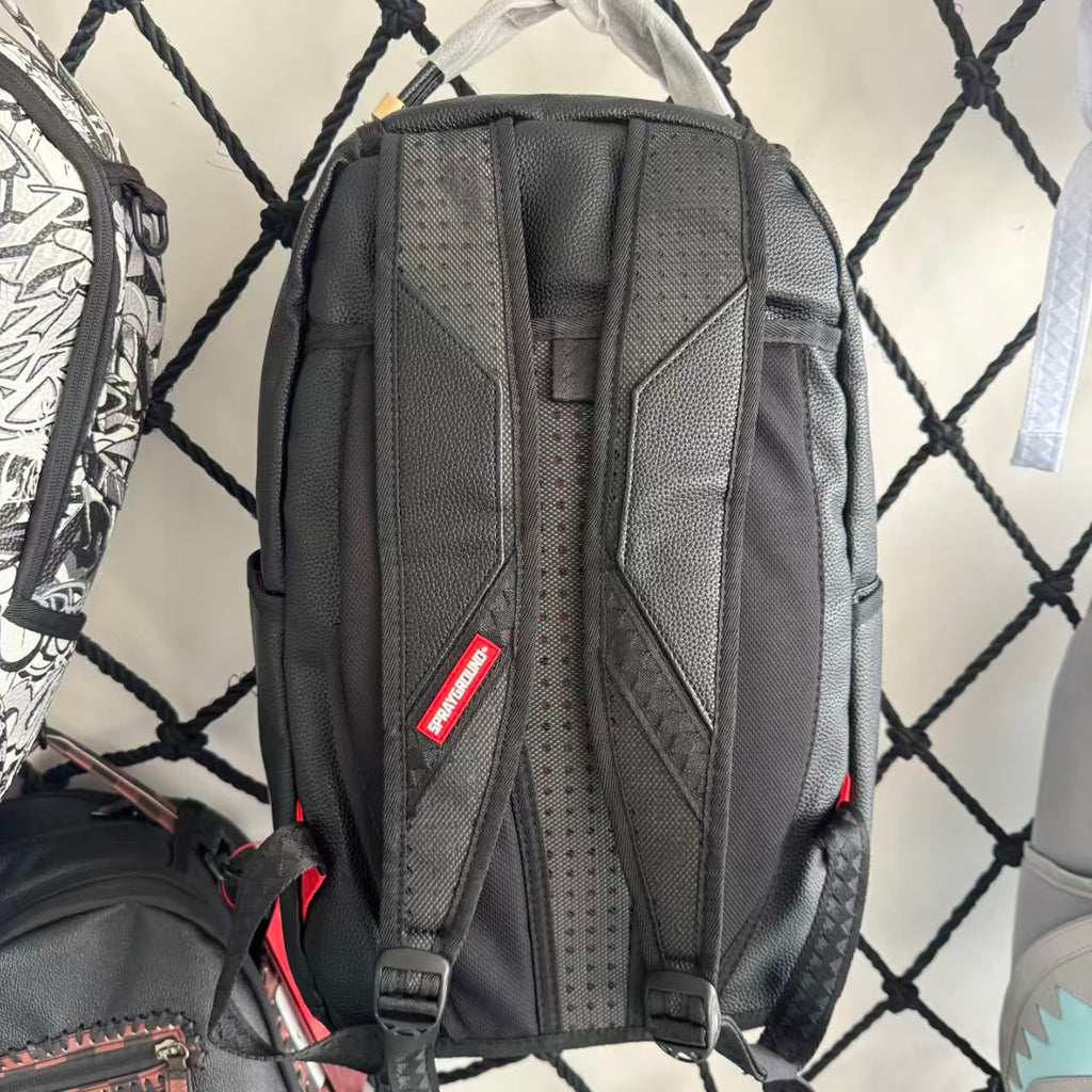 Black Textured Leather Streetwear Backpack - Classic Red & White Shark Mouth Design