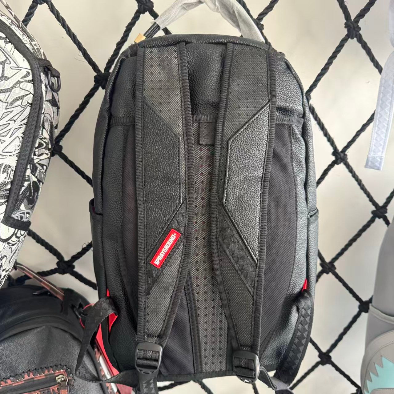 Black Textured Leather Streetwear Backpack - Classic Red & White Shark Mouth Design