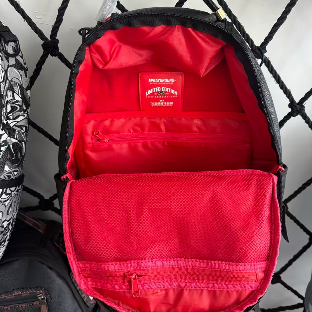Black Textured Leather Streetwear Backpack - Classic Red & White Shark Mouth Design