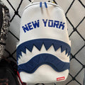 Blue & White Color-Block Streetwear Backpack - "New York" Lettering with 3D Blue Shark Mouth Design