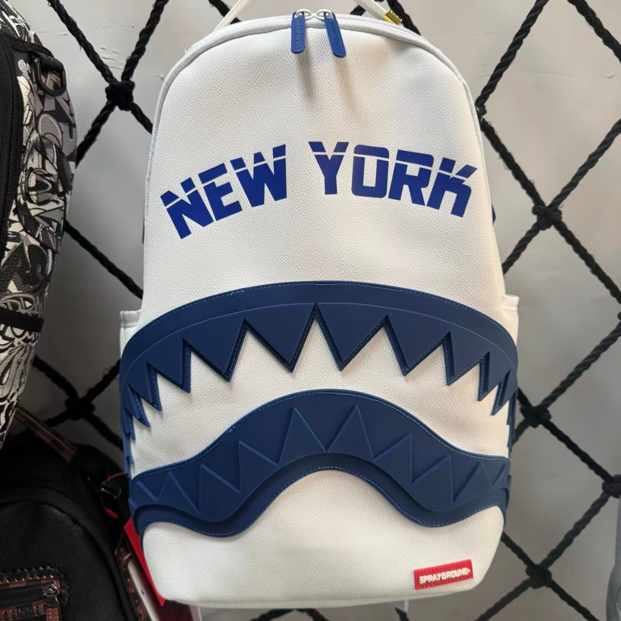 Blue & White Color-Block Streetwear Backpack - "New York" Lettering with 3D Blue Shark Mouth Design