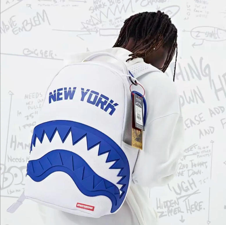 Blue & White Color-Block Streetwear Backpack - "New York" Lettering with 3D Blue Shark Mouth Design