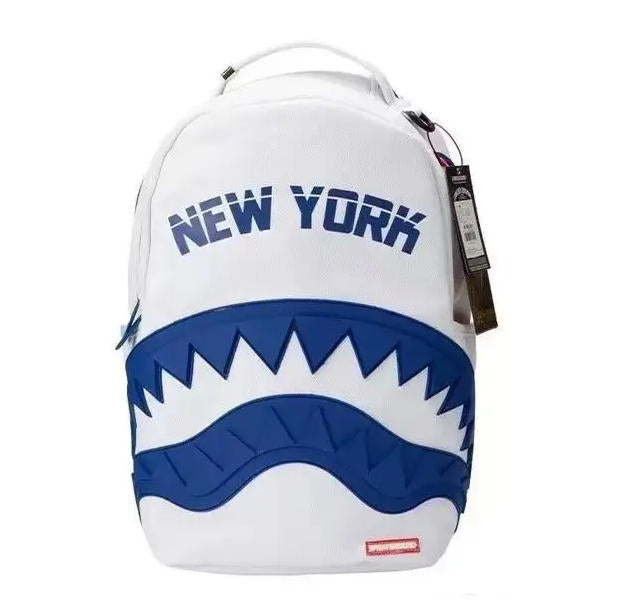 Blue & White Color-Block Streetwear Backpack - "New York" Lettering with 3D Blue Shark Mouth Design