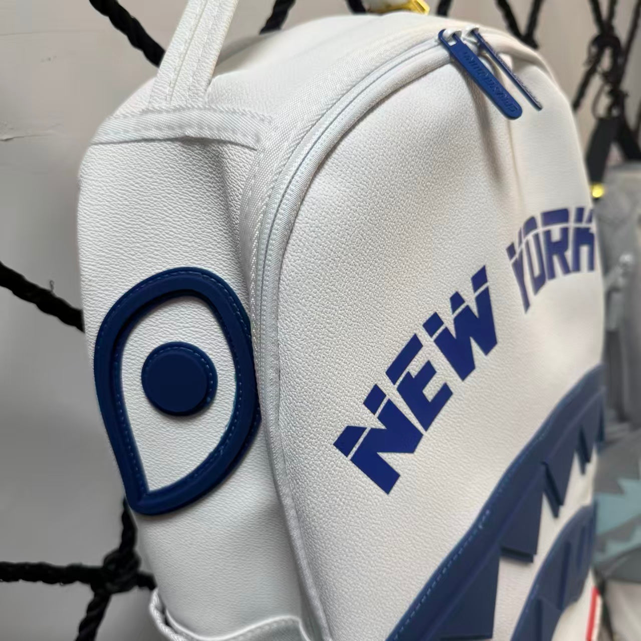 Blue & White Color-Block Streetwear Backpack - "New York" Lettering with 3D Blue Shark Mouth Design