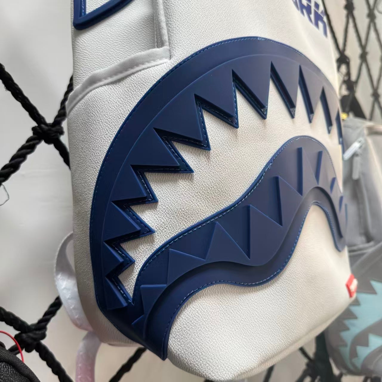 Blue & White Color-Block Streetwear Backpack - "New York" Lettering with 3D Blue Shark Mouth Design