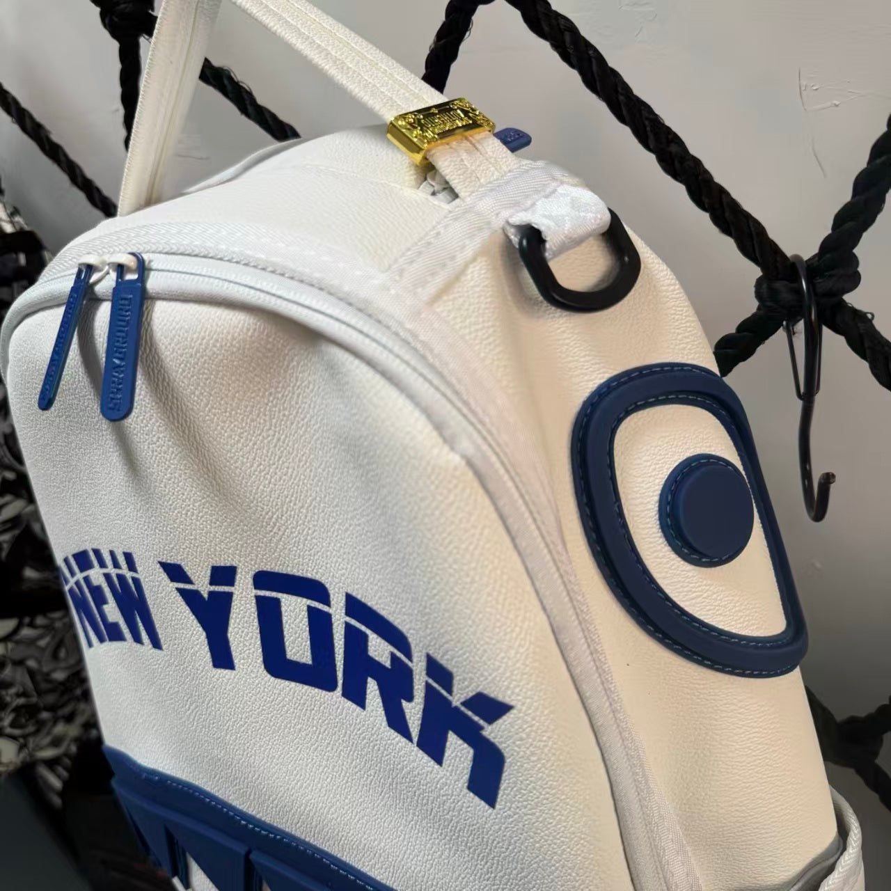 Blue & White Color-Block Streetwear Backpack - "New York" Lettering with 3D Blue Shark Mouth Design