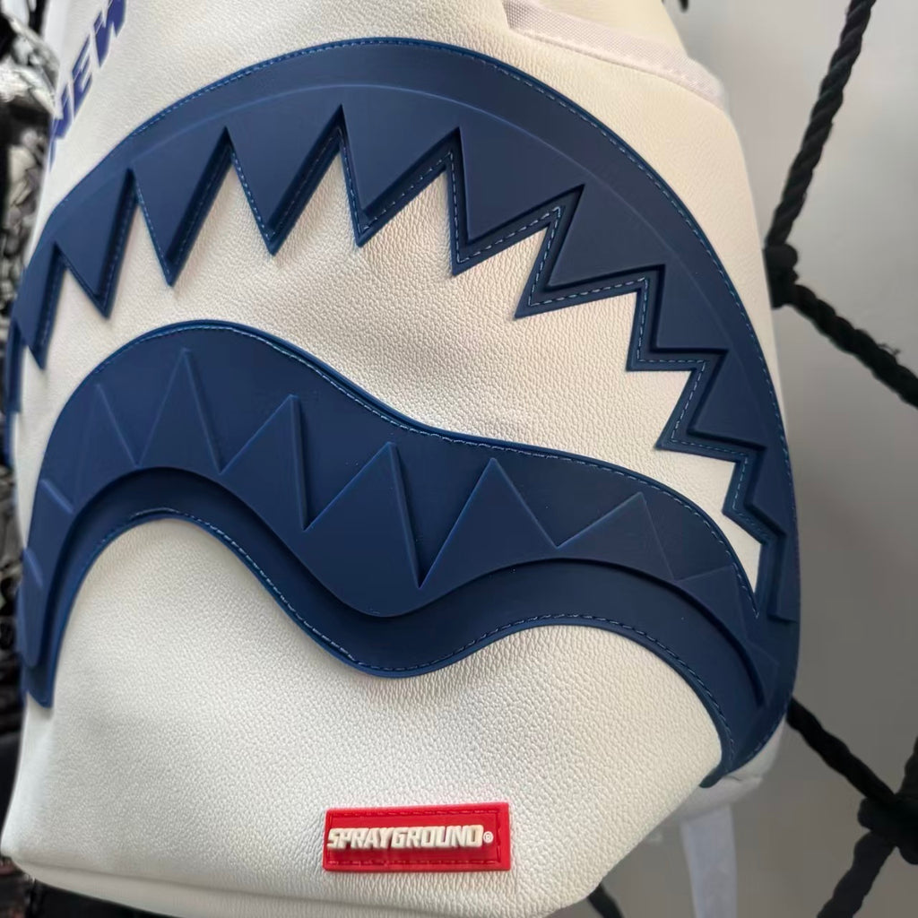 Blue & White Color-Block Streetwear Backpack - "New York" Lettering with 3D Blue Shark Mouth Design