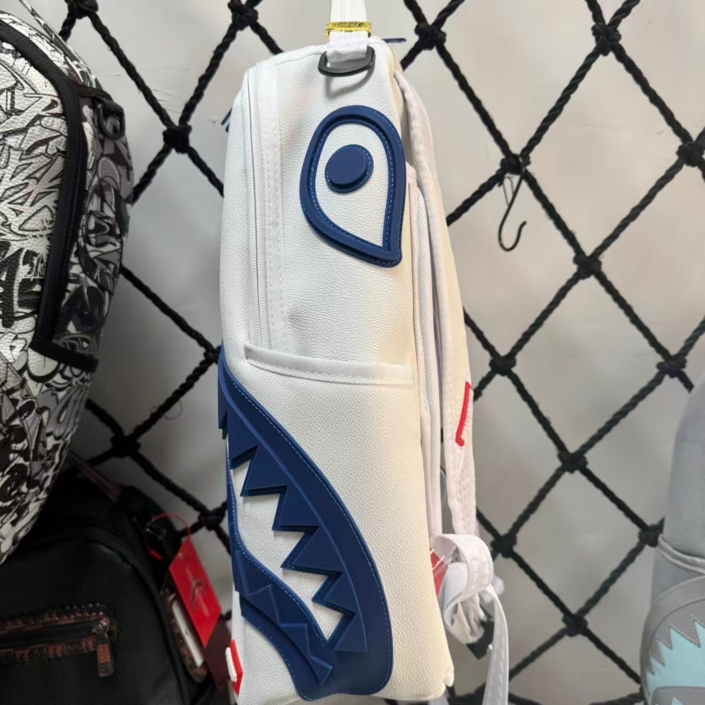Blue & White Color-Block Streetwear Backpack - "New York" Lettering with 3D Blue Shark Mouth Design
