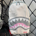 Cream Streetwear Backpack - New York Text Print with Grey & Pink Shark Mouth Design
