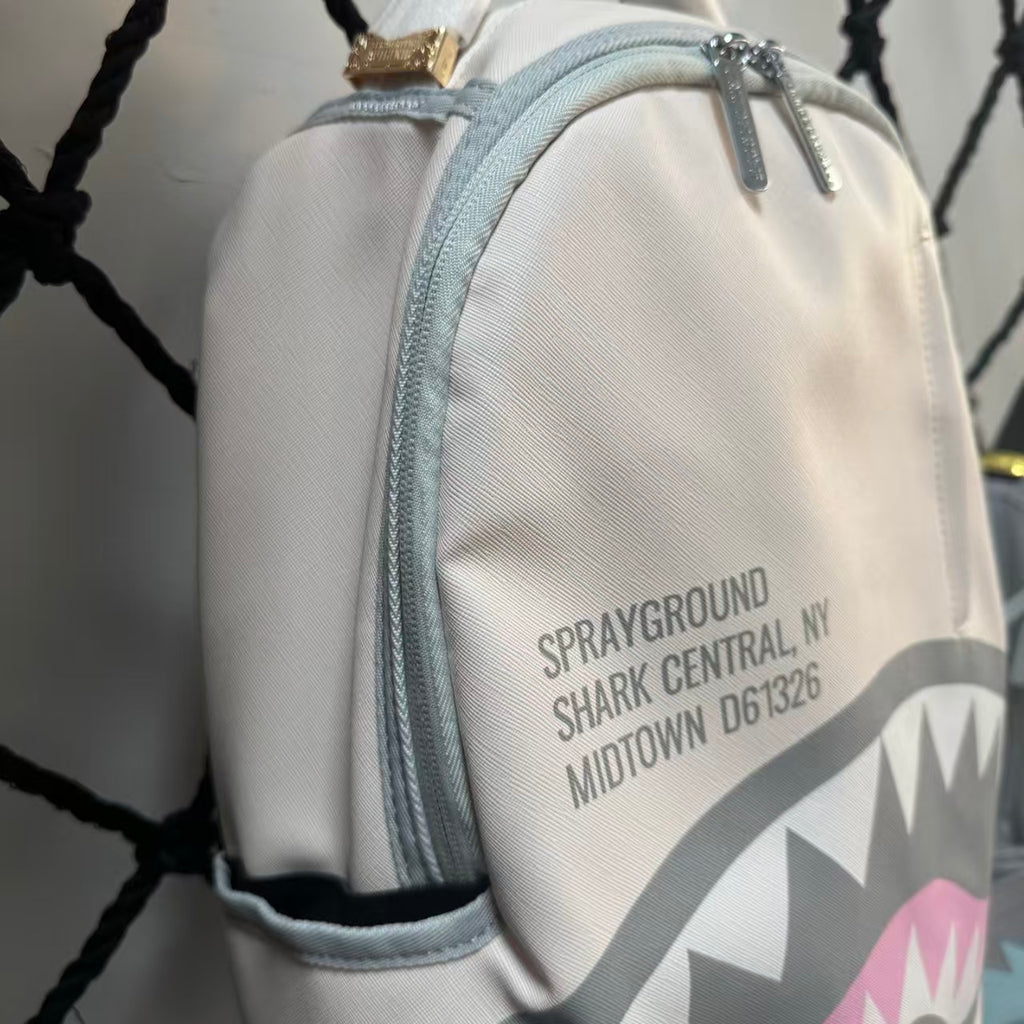 Cream Streetwear Backpack - New York Text Print with Grey & Pink Shark Mouth Design