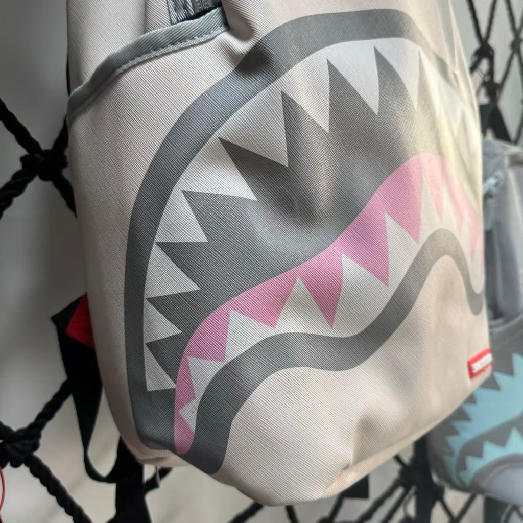 Cream Streetwear Backpack - New York Text Print with Grey & Pink Shark Mouth Design
