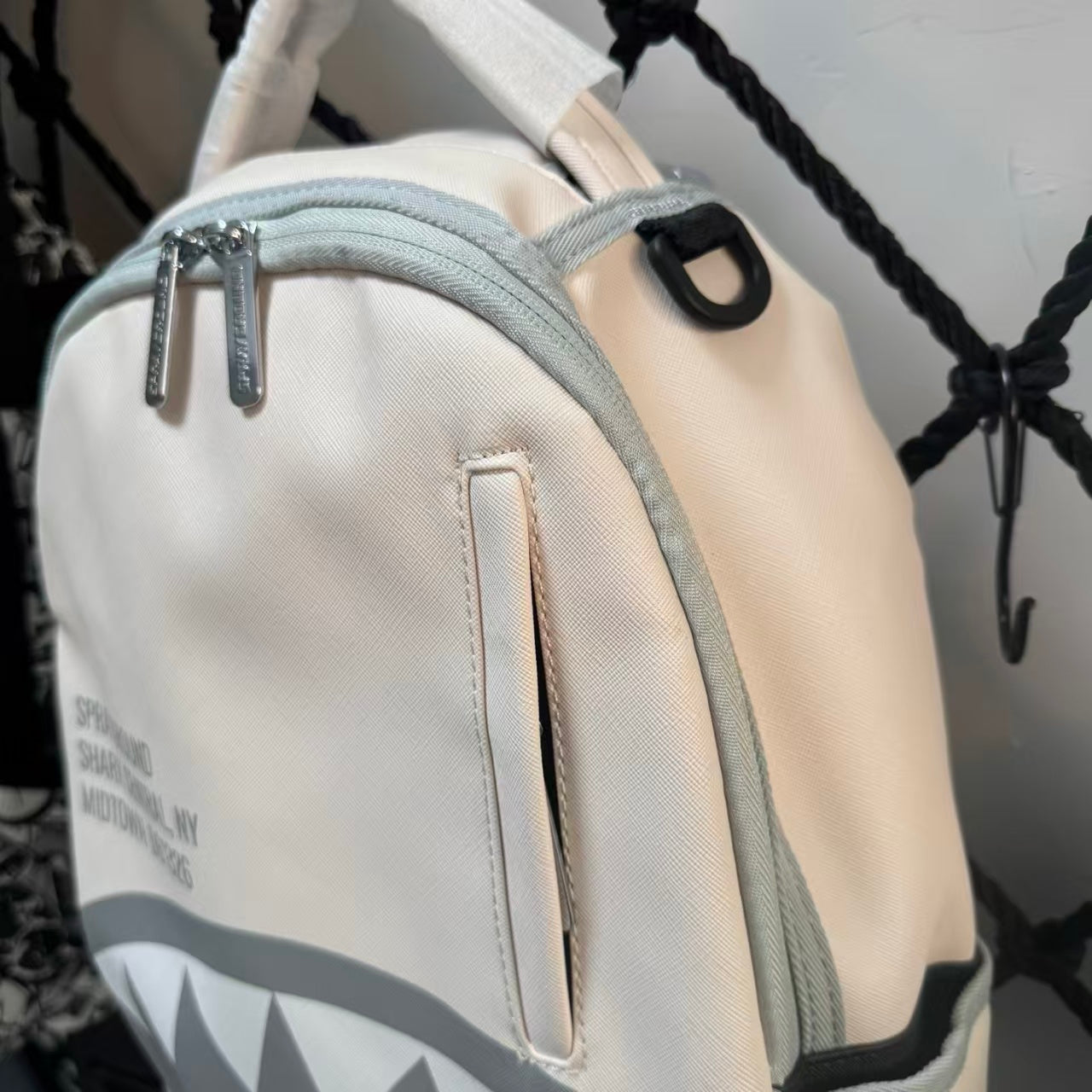 Cream Streetwear Backpack - New York Text Print with Grey & Pink Shark Mouth Design
