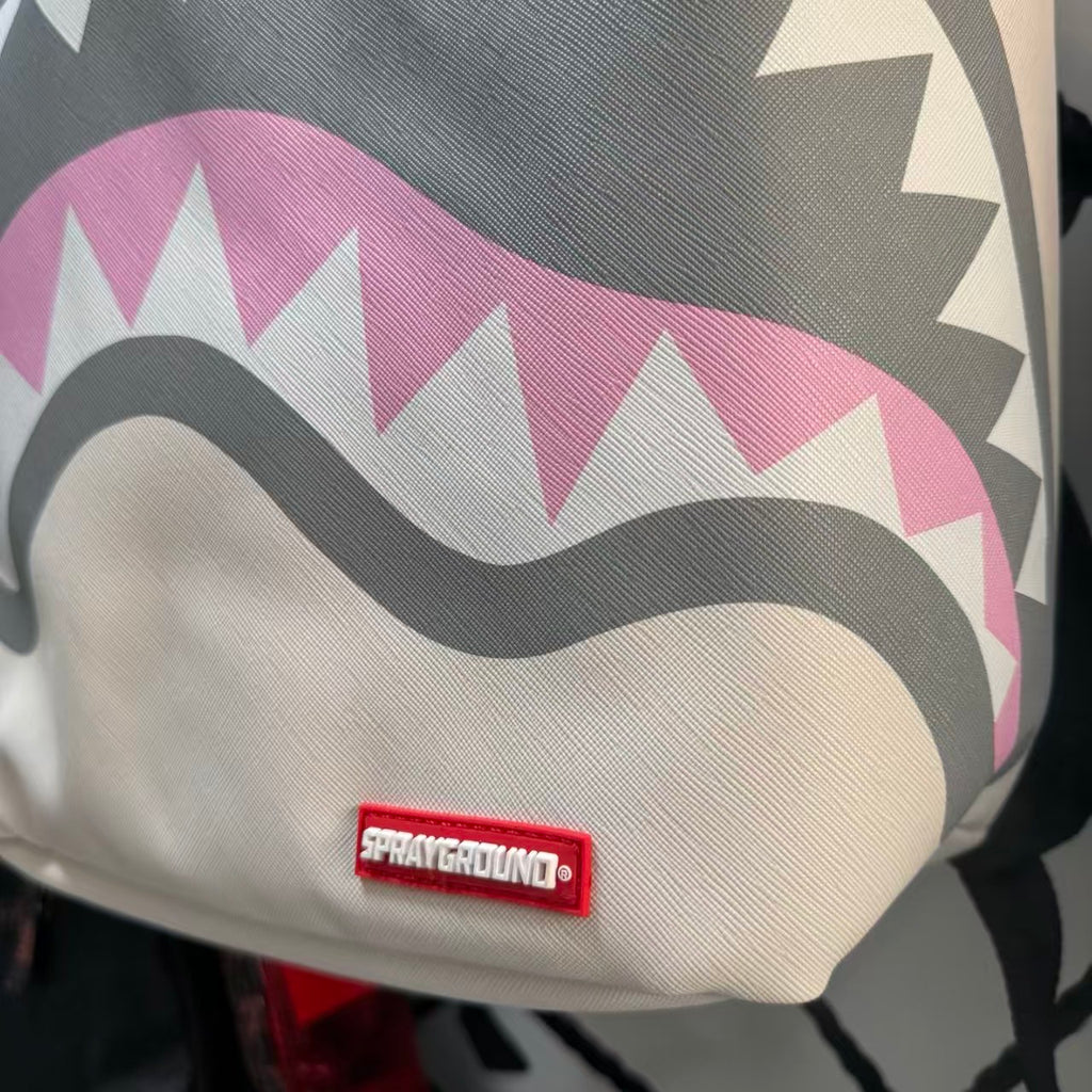 Cream Streetwear Backpack - New York Text Print with Grey & Pink Shark Mouth Design