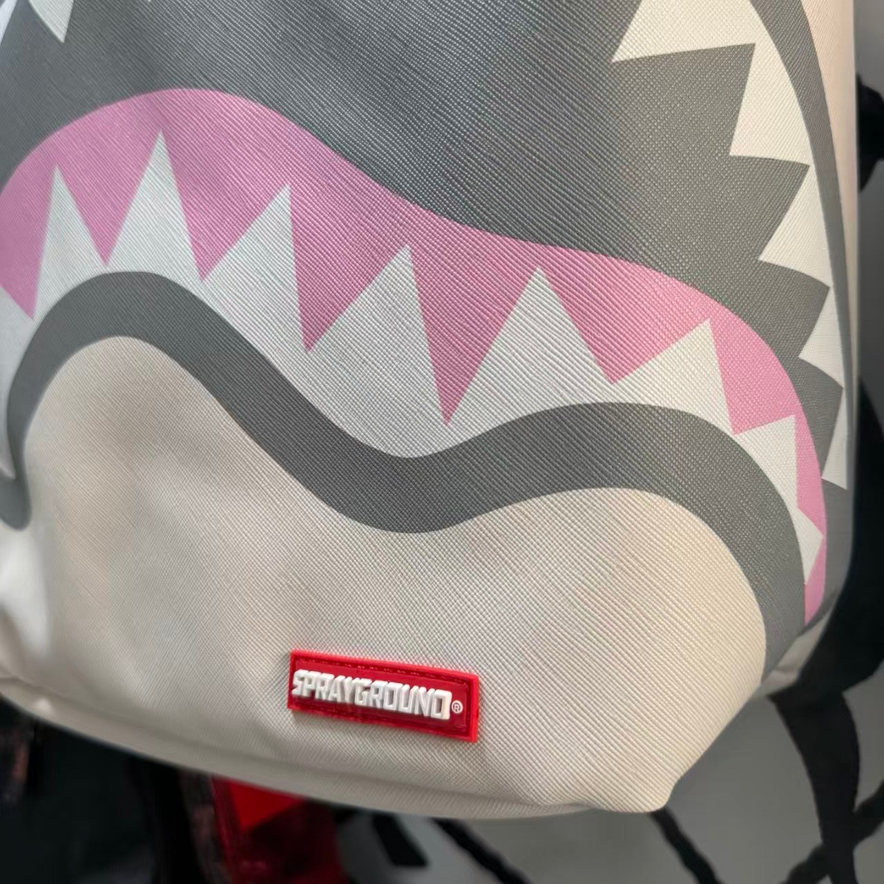 Cream Streetwear Backpack - New York Text Print with Grey & Pink Shark Mouth Design
