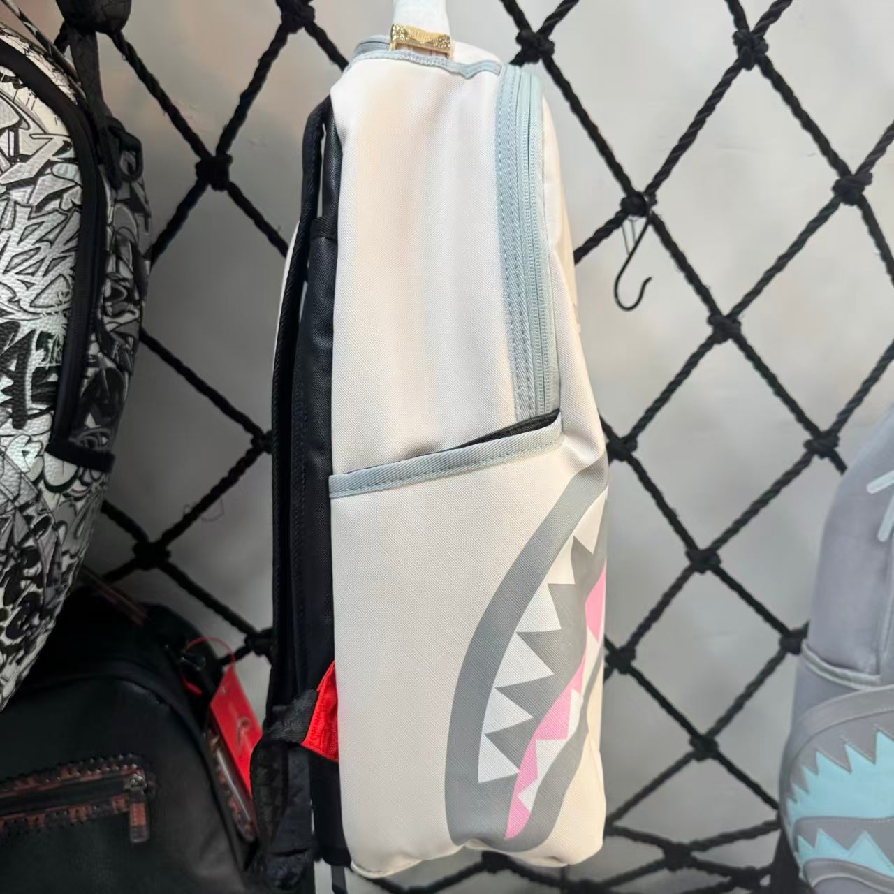 Cream Streetwear Backpack - New York Text Print with Grey & Pink Shark Mouth Design