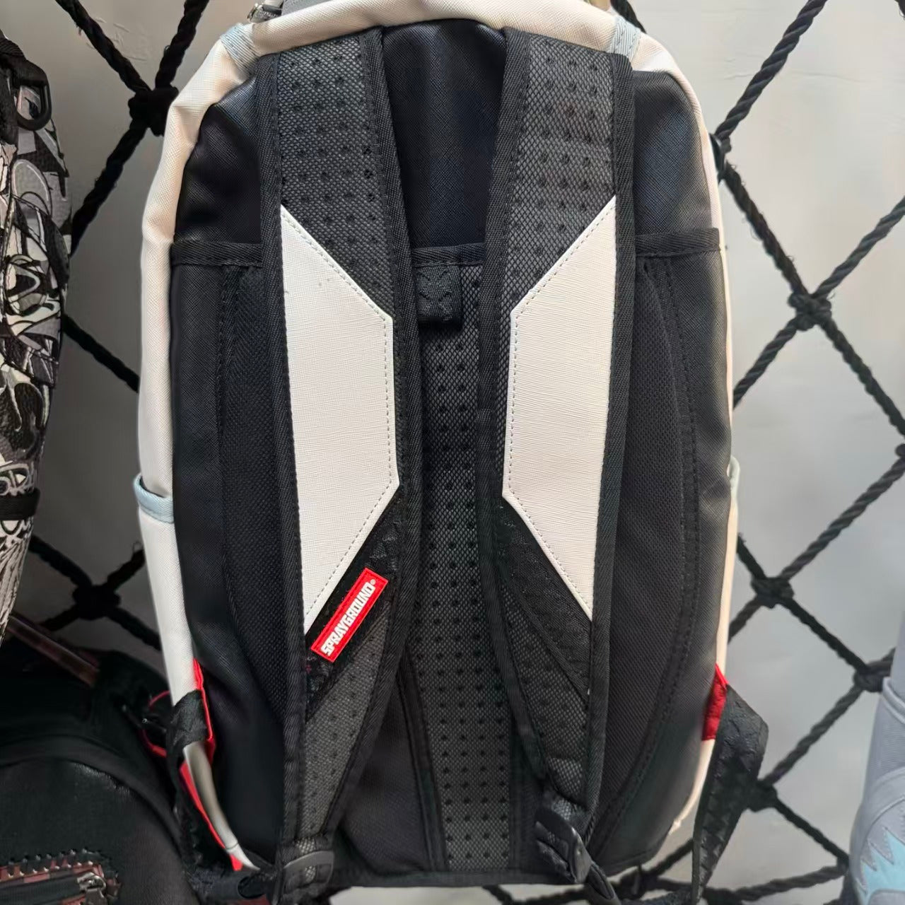 Cream Streetwear Backpack - New York Text Print with Grey & Pink Shark Mouth Design