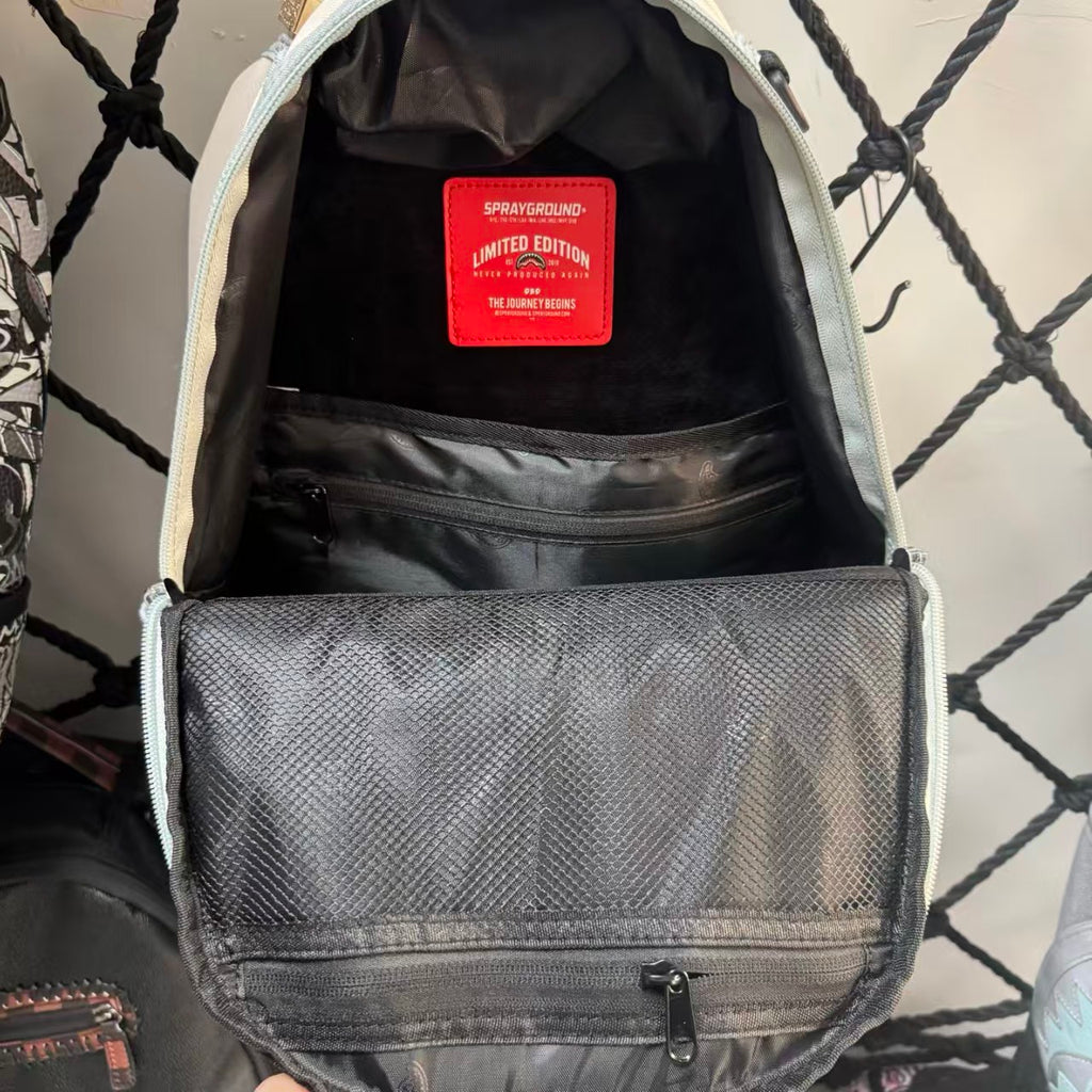 Cream Streetwear Backpack - New York Text Print with Grey & Pink Shark Mouth Design
