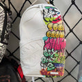 White Backpack with 3D Stitched Shark Mouth and Colorful Graffiti Splice Design