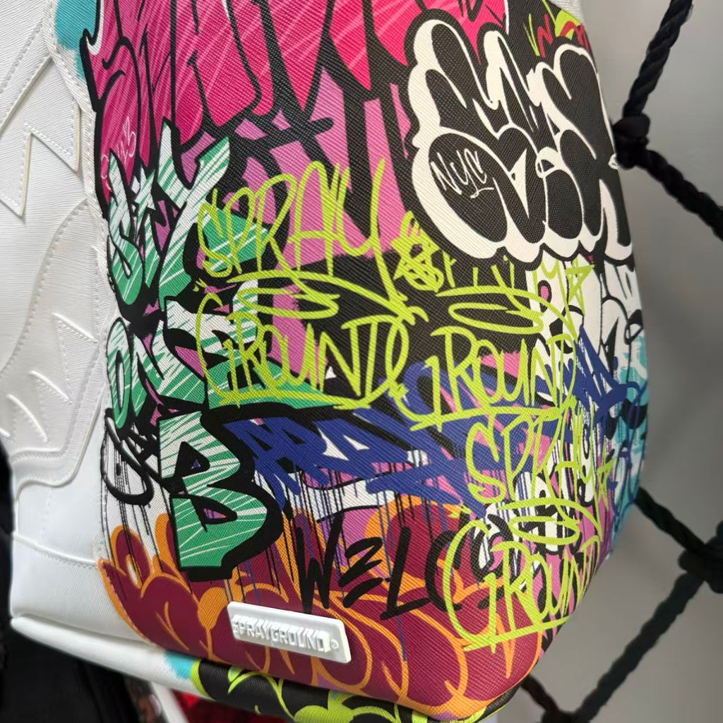 White Backpack with 3D Stitched Shark Mouth and Colorful Graffiti Splice Design