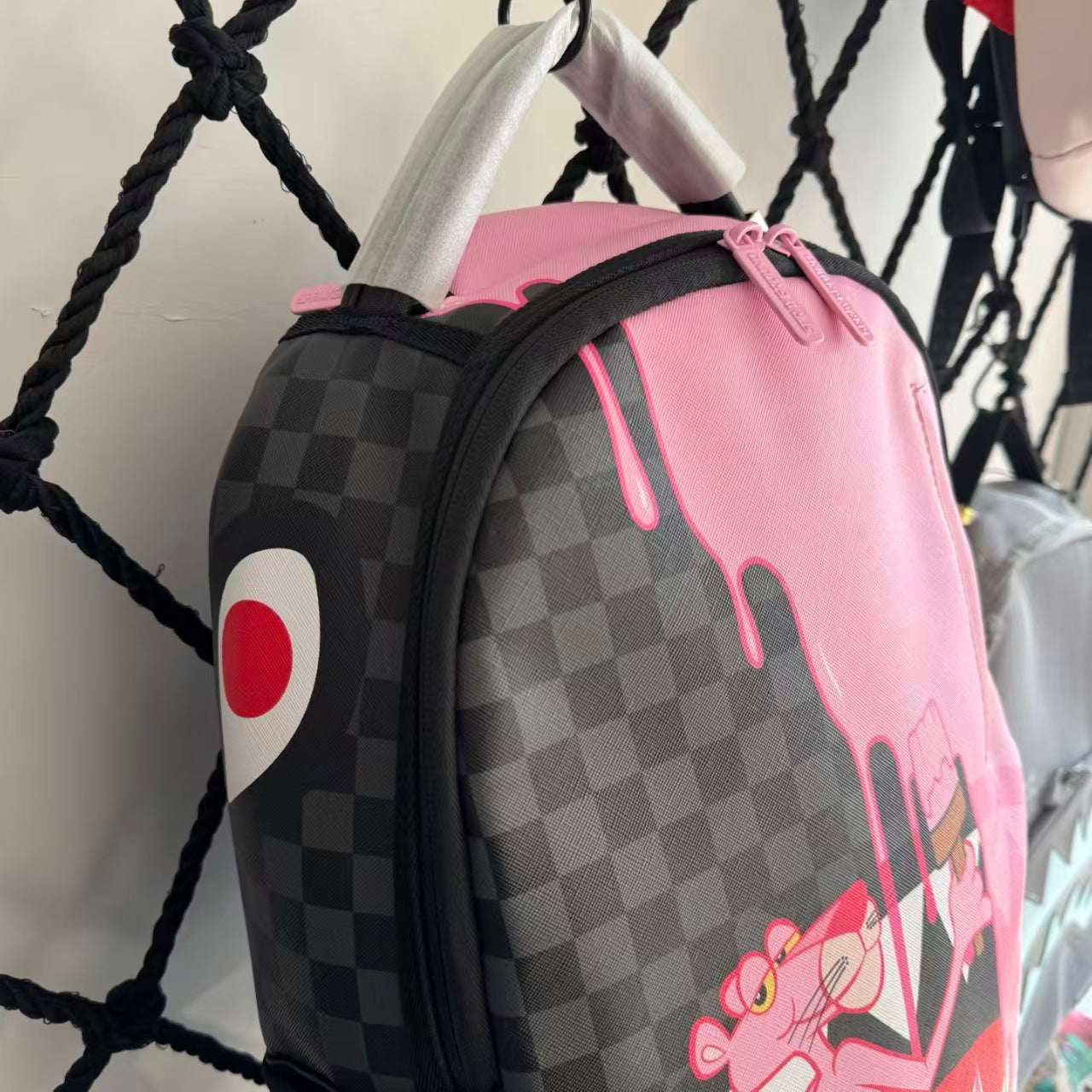 Pink Panther Themed Streetwear Backpack – Melting Pink Ice Cream with Checkerboard and Shark Mouth Design