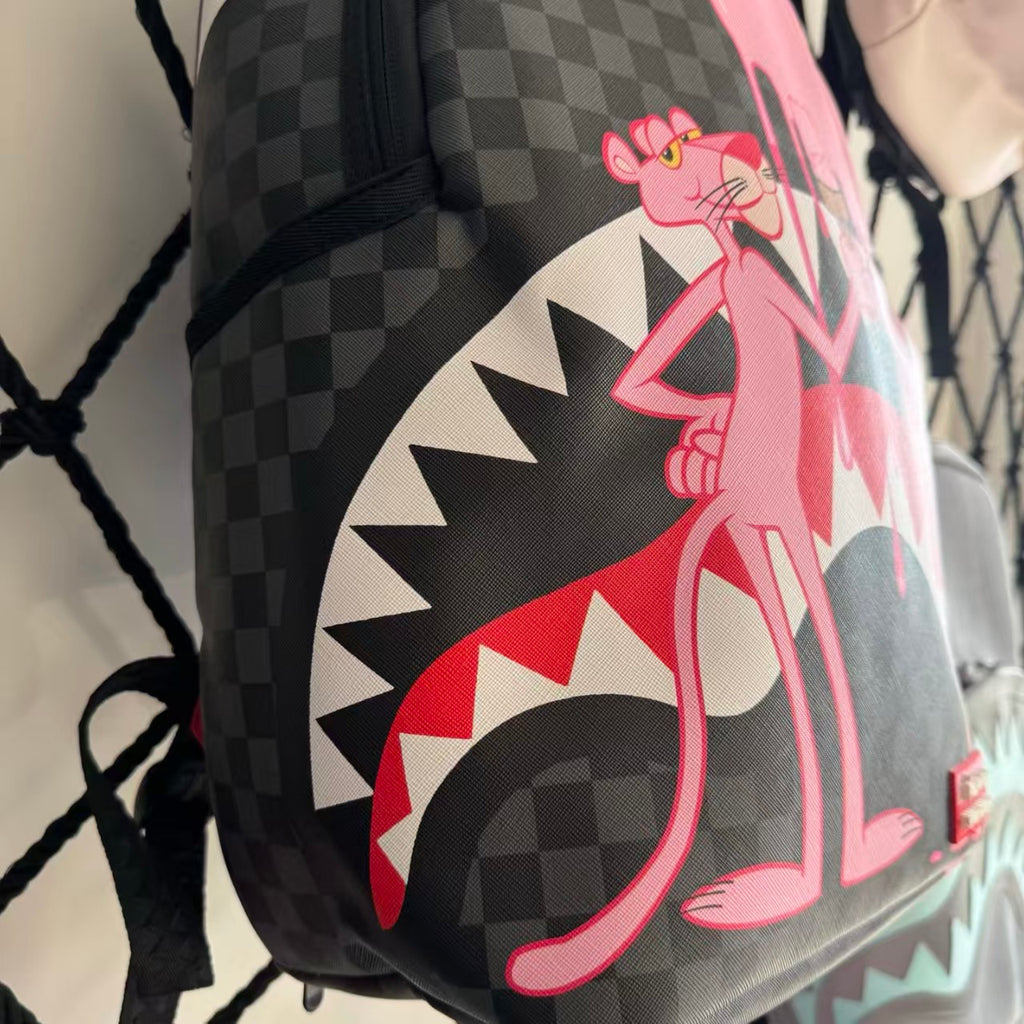 Pink Panther Themed Streetwear Backpack – Melting Pink Ice Cream with Checkerboard and Shark Mouth Design