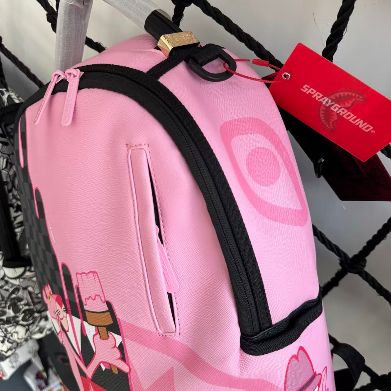 Pink Panther Themed Streetwear Backpack – Melting Pink Ice Cream with Checkerboard and Shark Mouth Design
