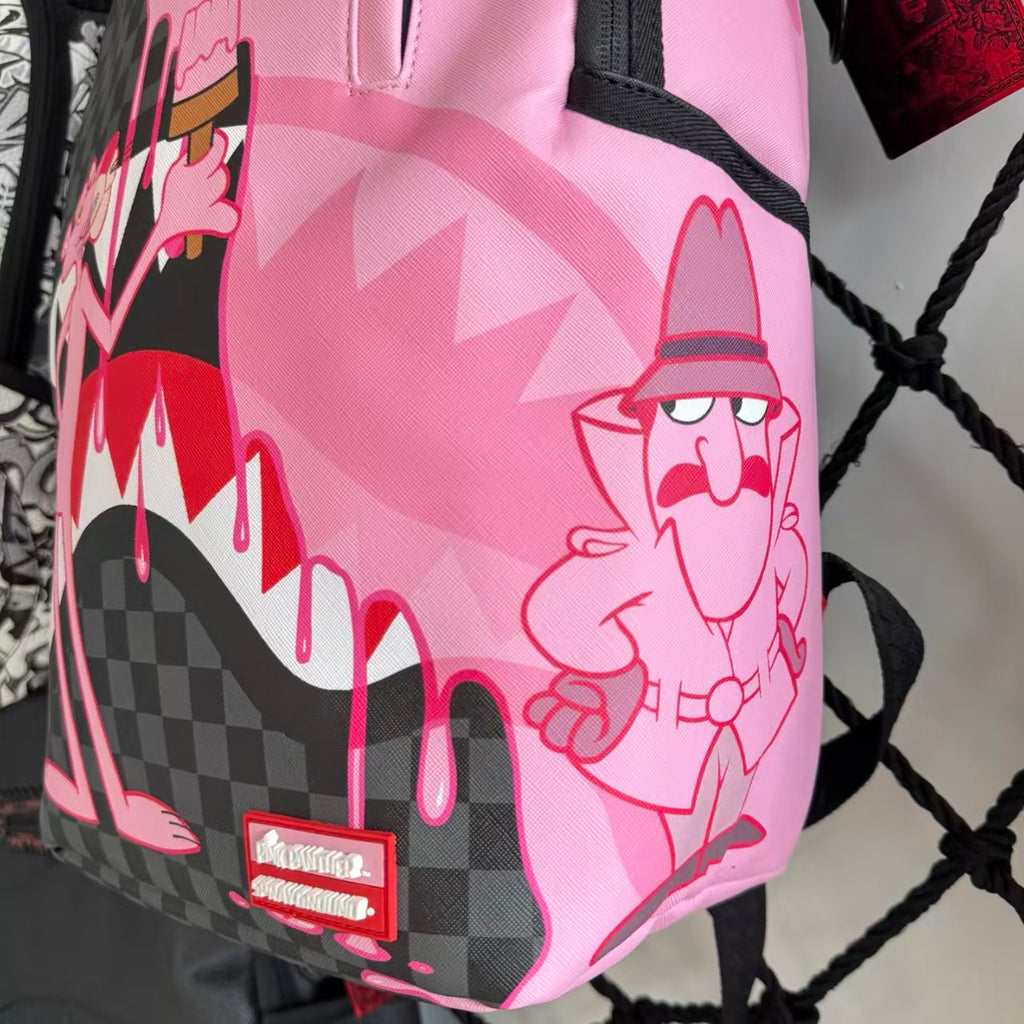 Pink Panther Themed Streetwear Backpack – Melting Pink Ice Cream with Checkerboard and Shark Mouth Design