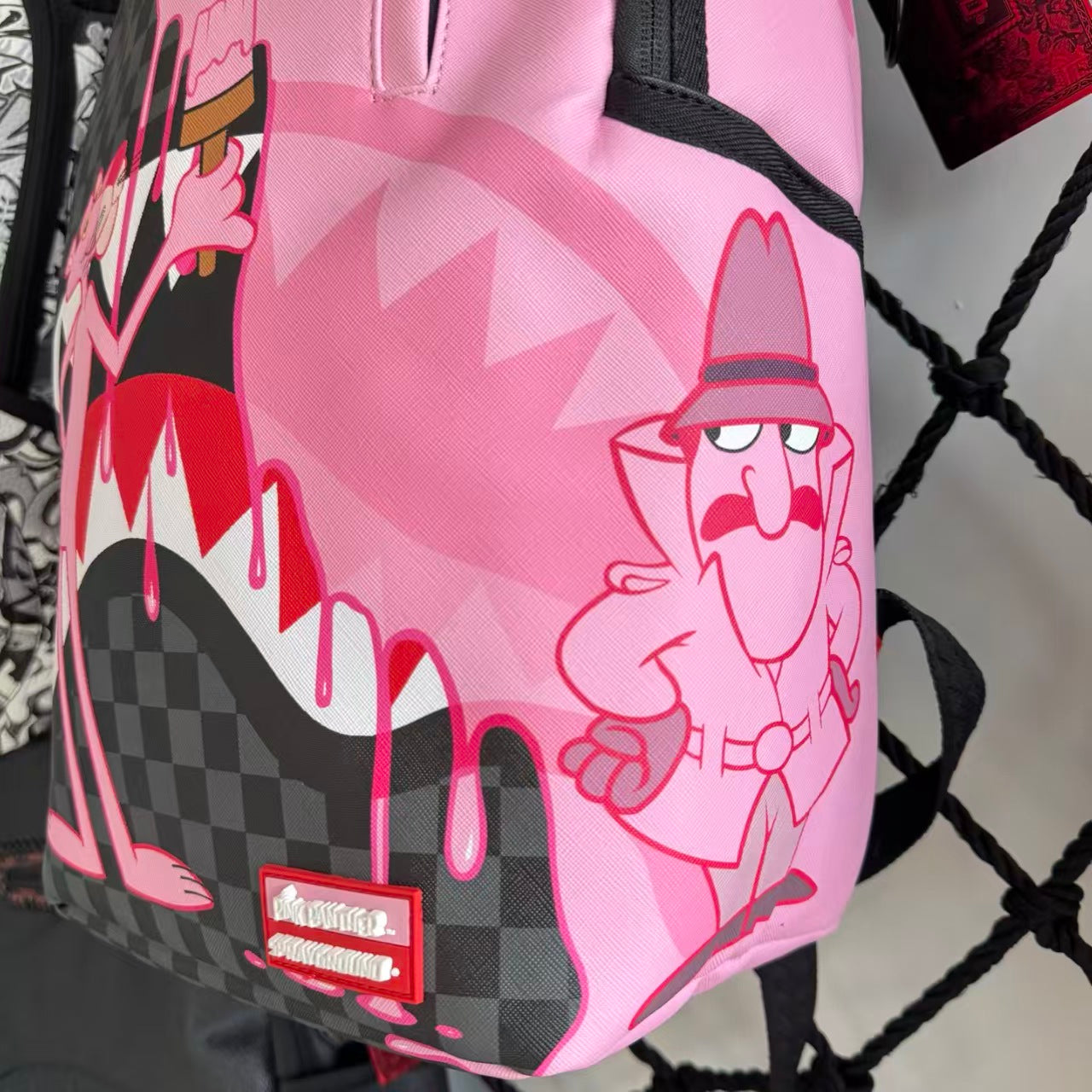 Pink Panther Themed Streetwear Backpack – Melting Pink Ice Cream with Checkerboard and Shark Mouth Design