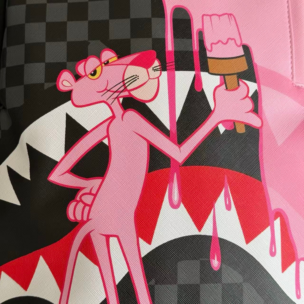 Pink Panther Themed Streetwear Backpack – Melting Pink Ice Cream with Checkerboard and Shark Mouth Design