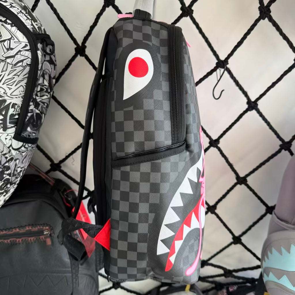 Pink Panther Themed Streetwear Backpack – Melting Pink Ice Cream with Checkerboard and Shark Mouth Design