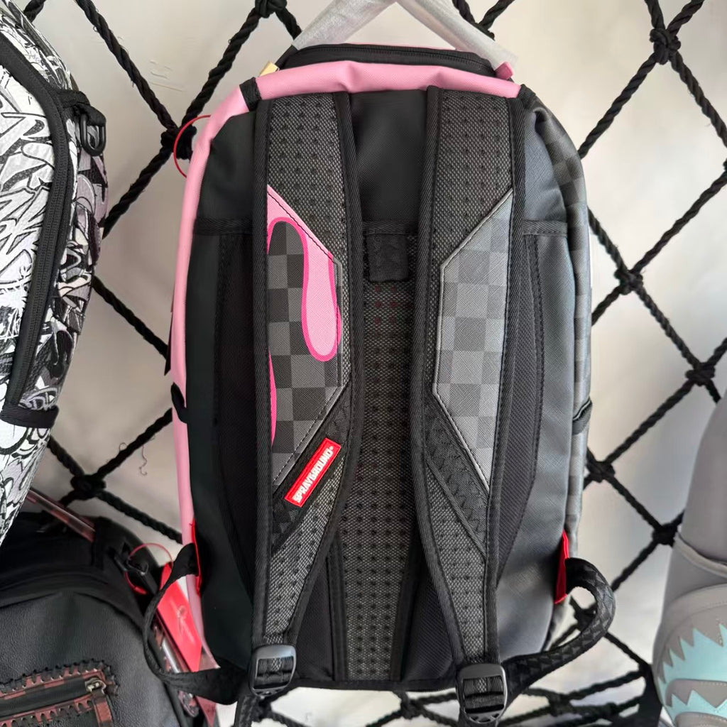 Pink Panther Themed Streetwear Backpack – Melting Pink Ice Cream with Checkerboard and Shark Mouth Design